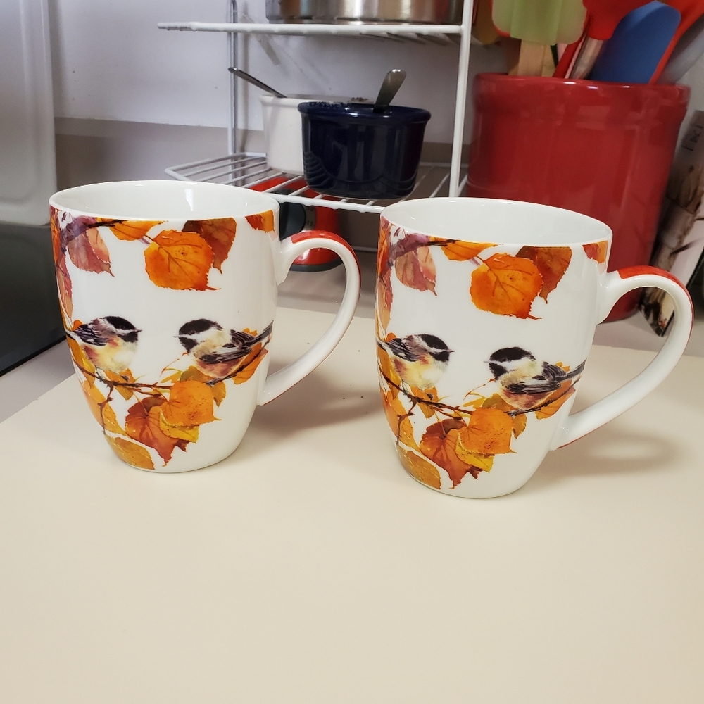 Autumn Leaf and Chickadee Bird Mugs